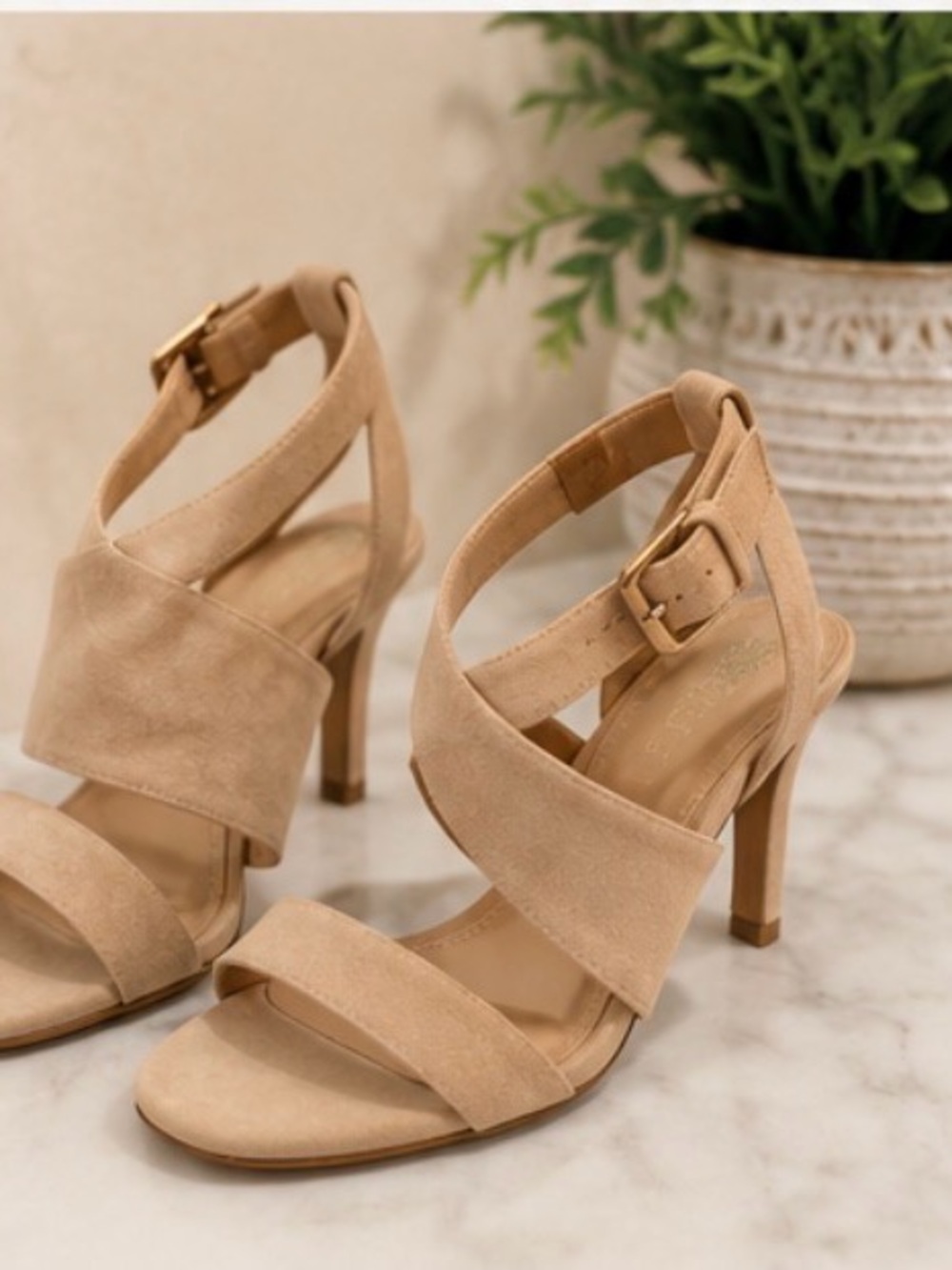 Vince Camuto Nude Beige Suede Strappy High Heel Sandals